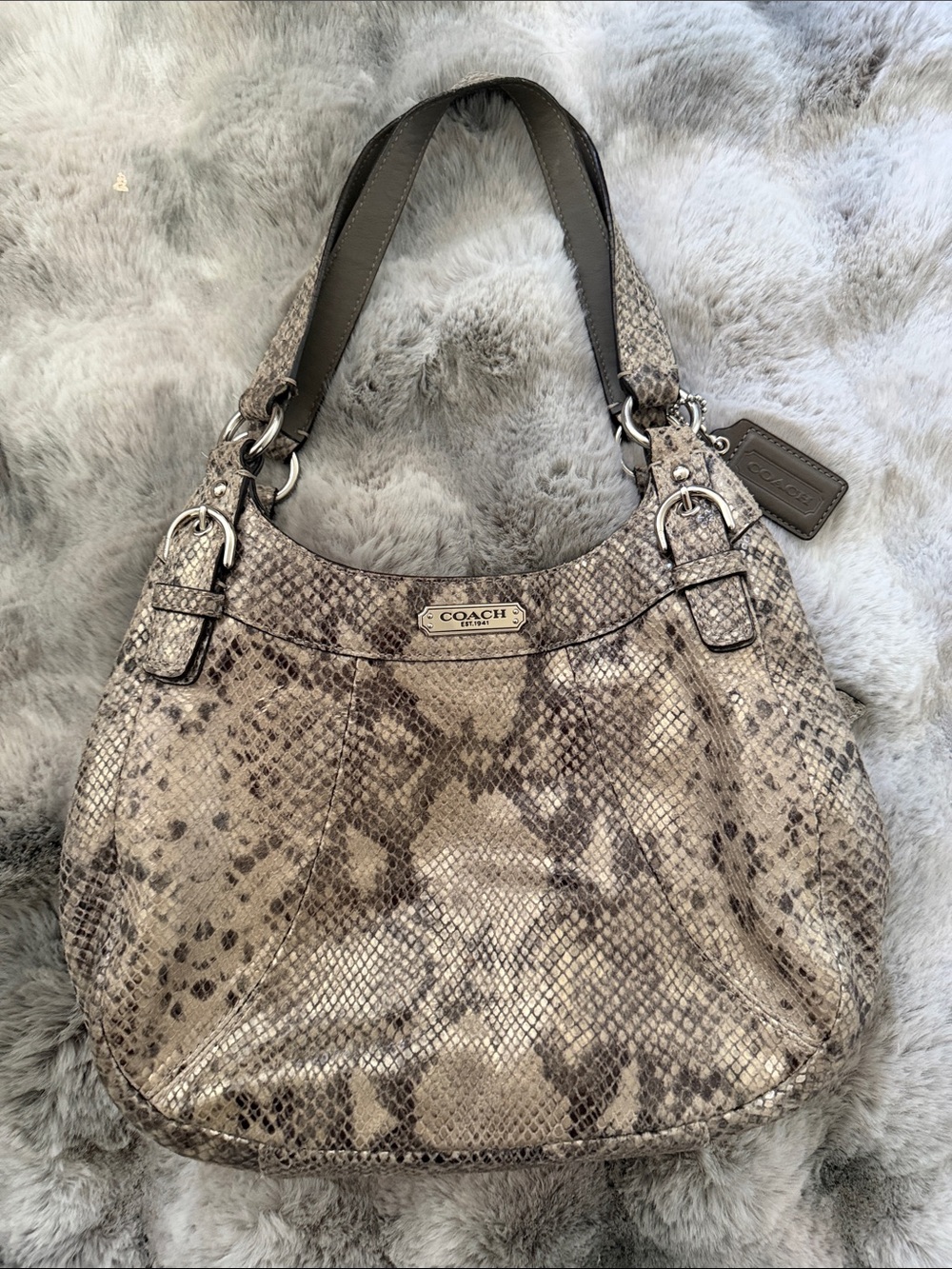 Coach Taupe and Dark Brown Snake-Print Shoulder Bag